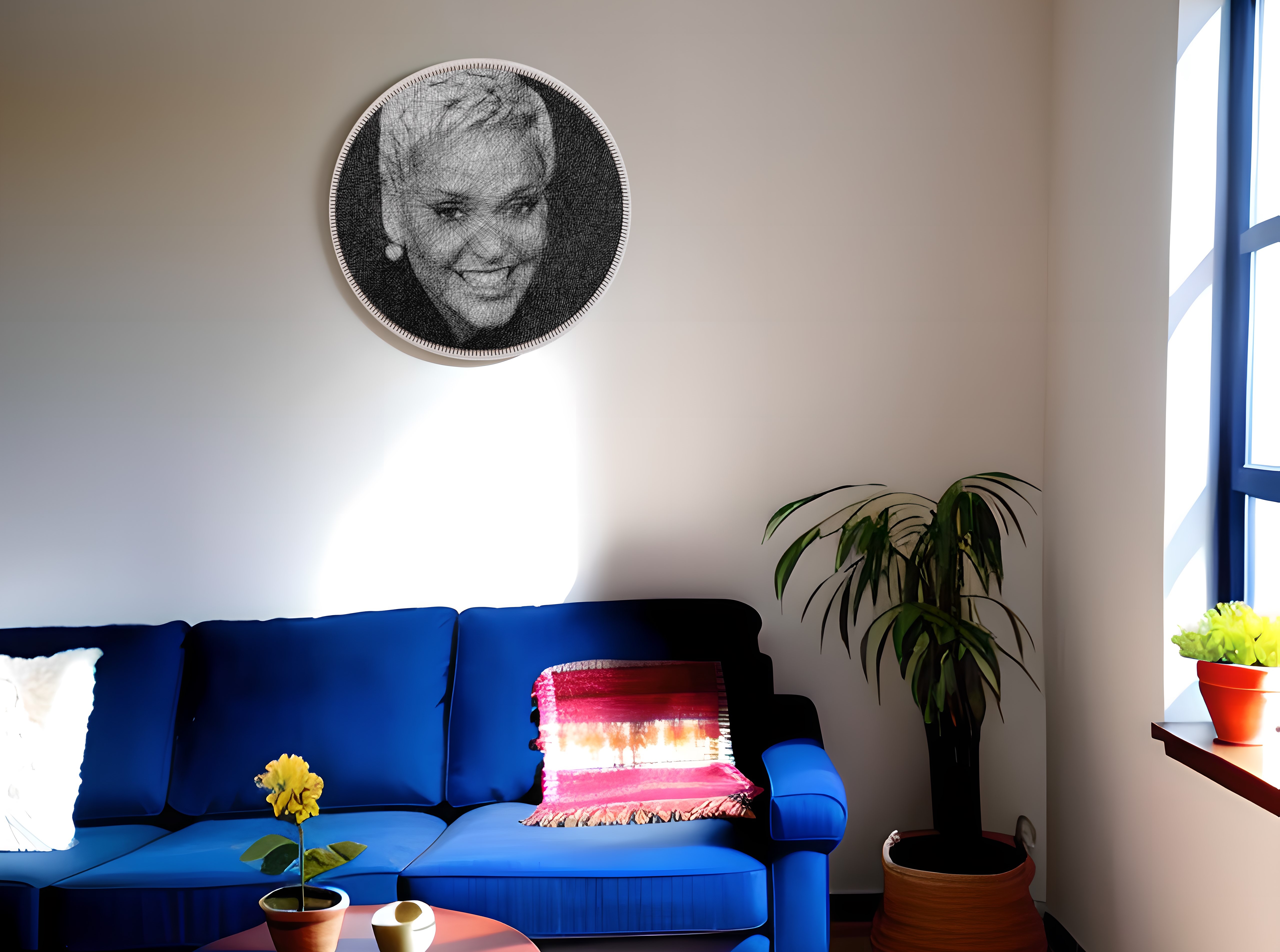 Thread portrait in living room